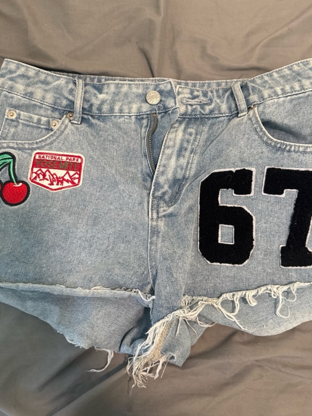 Denim Patch High-Rise Cutoff Shorts - Light Blue - Picture 1 of 2